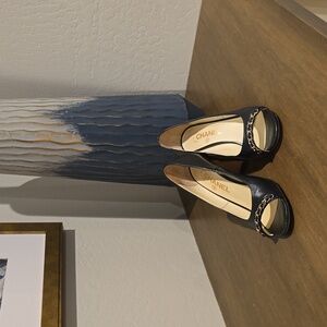 CHANEL Black Peep-Toe Heels with Chain Detail